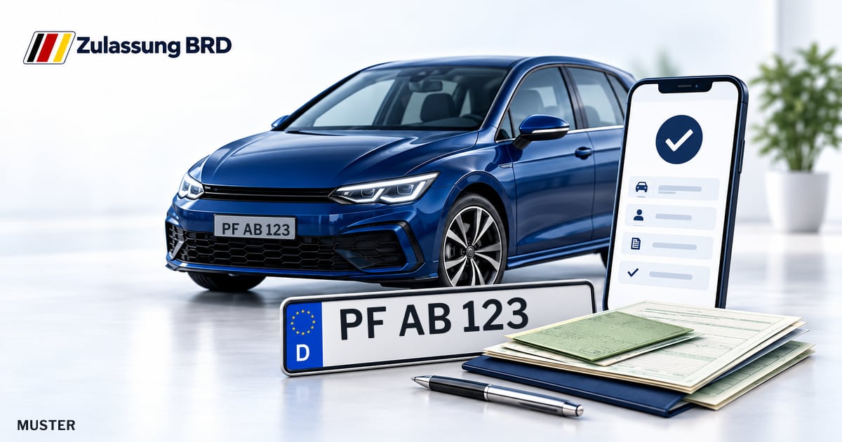Online Fahrzeugzulassung in Königsbach-Stein: Musterkennzeichen PF AB 123, Auto und Fahrzeugpapiere und Smartphone. Illustration mit Logo von Zulassung BRD.